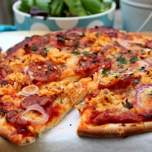 Spicy salmon and chorizo pizza