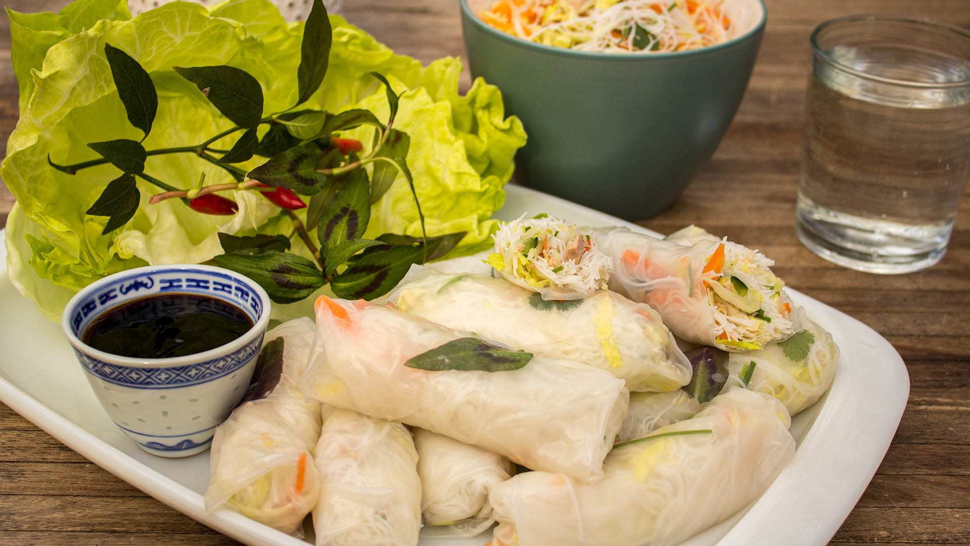 Vietnamese style tuna lettuce and noodle rolls