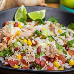 Mexican rice salad with corn and tuna
