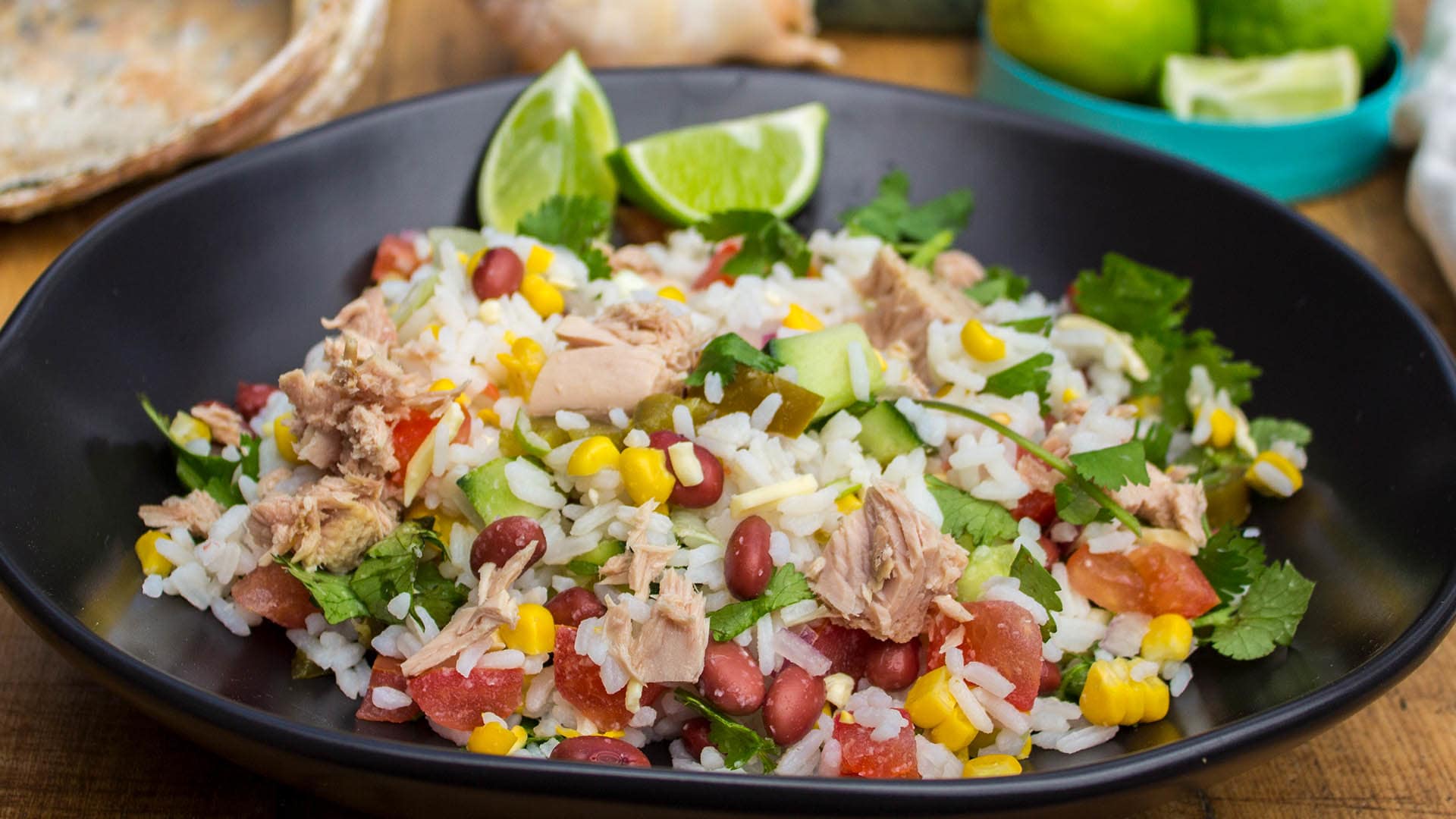 Mexican rice salad with corn and tuna