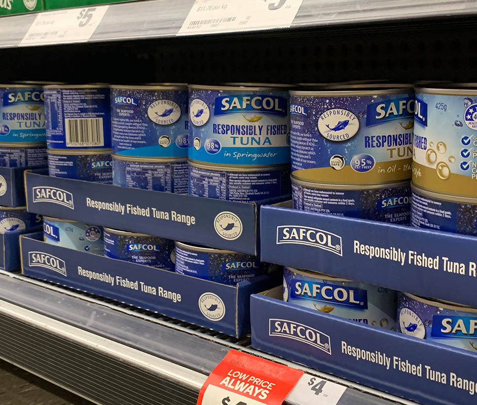Safcol tins on supermarket shelf